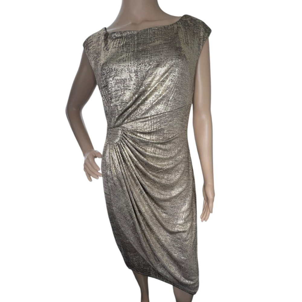 Connected Apparel Gold Metallic Ruched Cocktail Dress